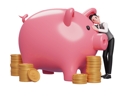 happy businessman in grey vest hugging big piggy bank, 3d rendering of business investment concept png
