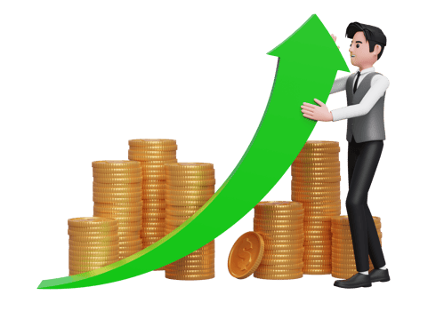 businessman in gray vest trying to raise green arrow up, on gold coin pile ornament background, 3d rendering of business investment concept png