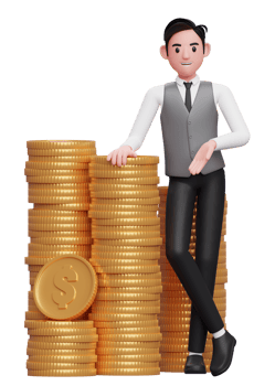 businessman in grey vest blue tie standing with crossed legs and leaning on pile of coins, 3d illustration of a businessman in grey vest holding dollar coin png