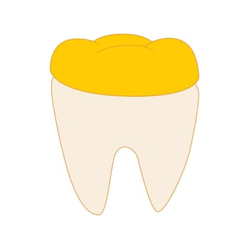 Tooth with golden dental crown icon, cartoon style vector