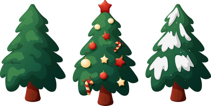 Set of Christmas trees, clean, with snow and with Christmas toys in cartoon style vector