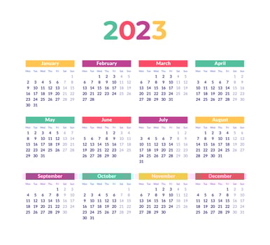 Calendar 2023 Colorful and Playful Design Vector for Office School or Home with Three Rows Four Columns Grid