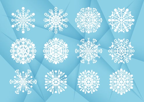 Set of white snowflakes, on a gradient blue background, vector illustrations.