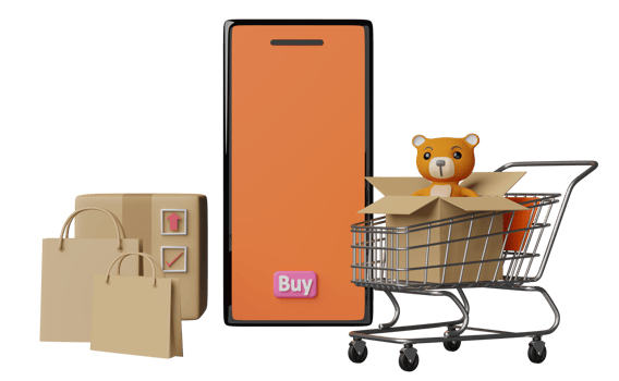 orange mobile phone, smartphone with teddy bear, paper bags, goods cardboard box, shopping cart isolated. online shopping concept, 3d illustration or 3d render png