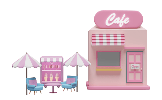 3d shop store cafe with ice cream showcases or fridge,coffee table, umbrella, sofa chair isolated. summer travel, 3d render illustration png