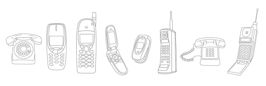 Vector vintage means of communication line drawing set. Retro black and white collection old phones
