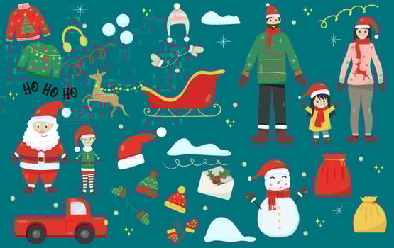 New Year's set with Santa Claus, snowman, elf, family, car, sweater, hat, deer vector