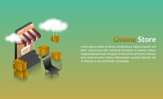 Vector illustration, isometric realistic concept store open , store on mobile emblem isolated sign , 3D template background , flyer , banner