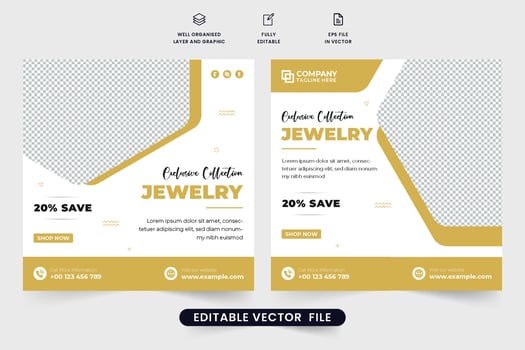 Modern jewelry shop social media post vector for digital marketing. Fashion jewelry and ornament sale discount template with golden and dark colors. Exclusive jewelry promotional web banner vector.
