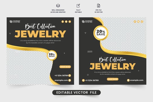 Jewelry collection sale poster template design on dark backgrounds. Fashion accessories store advertisement poster vector for social media marketing. Special ornament sale discount web banner design.