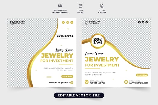 Luxury Jewelry promotional web banner vector with photo placeholders. Special jewelry sale advertisement poster design with dark and golden colors. Jewelry social media post vector for marketing.
