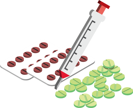 Pills and syringes illustration in 3D isometric style png