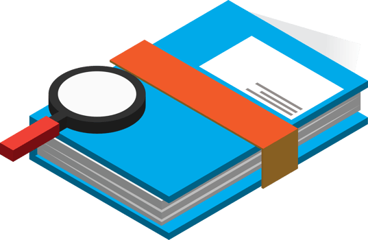 book and magnifying glass illustration in 3D isometric style png