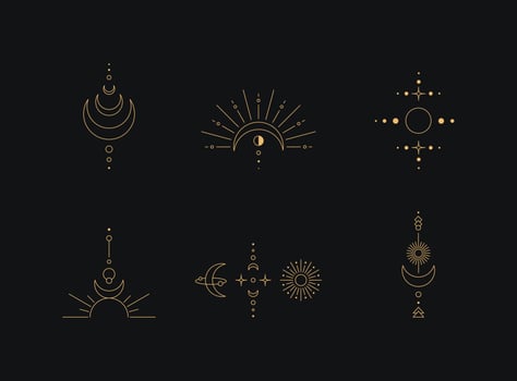 Set of moon and sun line art. Minimal boho linear symbols. Celestial mystic element. Vector line art illustration.