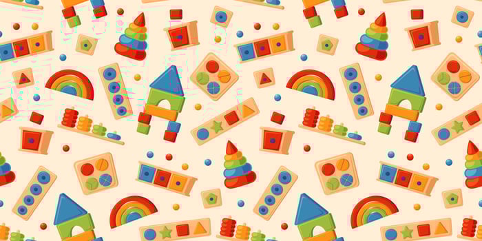 Children wooden toys for Montessori games. Baby seamless pattern. Education logic toys for preschool kids. Montessori system for early childhood development. Vector illustrations on white background