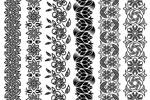 Black and white lace trim set. Collection of ornate floral borders. Seamless ornamental arabesque design elements. Seamless repeating patterns for your designs. vector