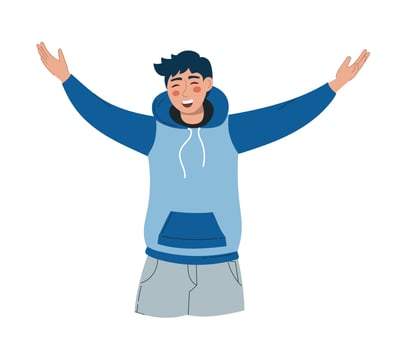 An attractive man rejoices hands up. Vector illustration flat style