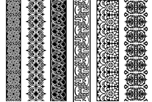 Black and white lace trim set. Collection of ornate floral borders. Seamless ornamental arabesque design elements. Seamless repeating patterns for your designs. vector