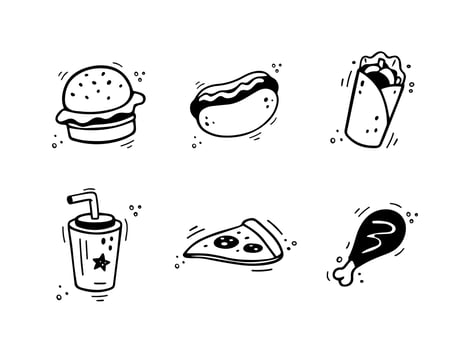Hand drawn fast food icons. Sketch of snack elements - burger, soda drink, pizza, doner, chicken leg. Fast food illustration in doodle style. Fast food collection. vector