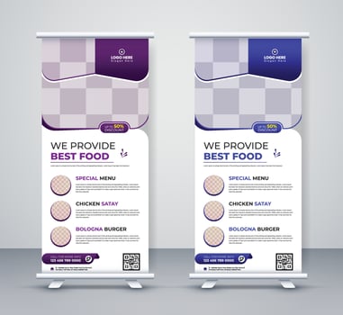 Food and restaurant roll up banner design template menu corporate business company rackcard, stand banner, and x banner design vector