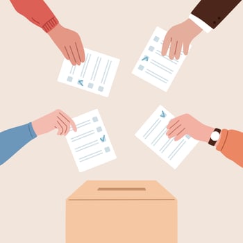Election concept. Ballot box. People putting ballot paper in the ballot box. President elections. Voting, making choice. Freedom, democracy. Group of voters. vector