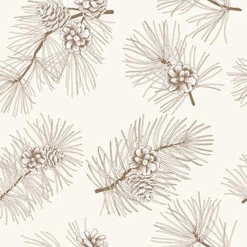 Winter forest seamless pattern with pine branches and cones. Evergreen floral christmas vector illustration. Engraving hand-drawn nature background.
