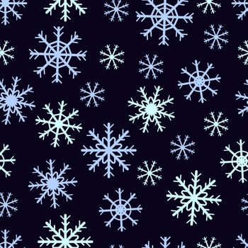 Hand drawn snow flake seamless pattern on black background. Winter wallpaper vector