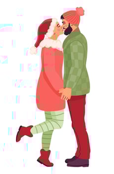 Awesome romantic couple in  Christmas holiday outfits. Lovers leaning for kiss and holding hands. Cute Xmas illustration isolated on white background. vector