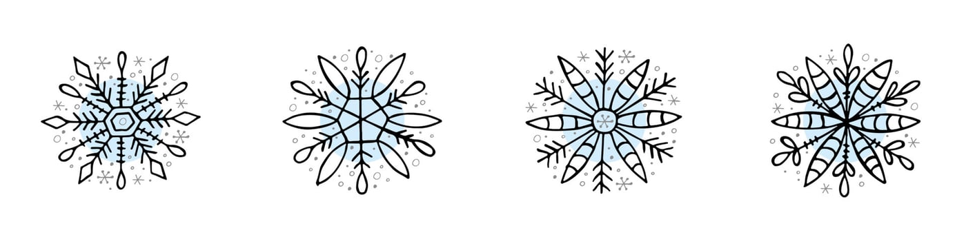 A set of hand-drawn snowflakes. Vector illustration in doodle style. Winter mood. Hello 2023. Merry Christmas and Happy New Year. Black and light blue elements on a white background.