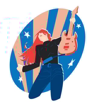guitarist woman pose. spotlight background and stars icon. suitable for bands, music, solo, rock, print, sticker, poster, background, etc. flat vector illustration