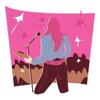 female rock singer is performing on stage with crowd of spectators, fans. back view. microphone, bass guitar. suitable for band, music, rock, print, sticker, wallpaper, etc. flat vector illustration
