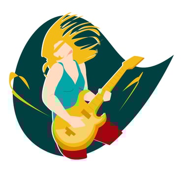 female guitarist pose with long hair. suitable for band, music, solo, rock, print, sticker, poster, background, t-shirt design, etc. flat vector illustration