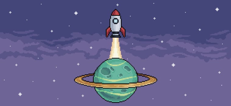 Pixel art rocket taking off from planet saturn, vector space background for 8bit game