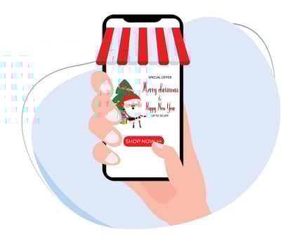 hand holding mobile phone with screen display of merry christmas and happy new year promotion banner. Christmas and New Year Sale. Flat design vector illustration