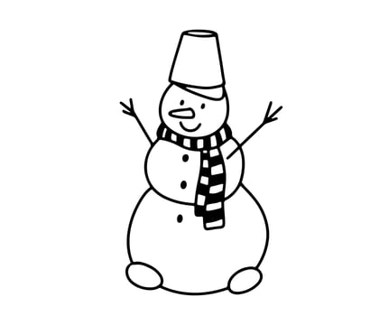 Cute doodle Snowman isolated on white. Childish vector outline illustration for coloring page