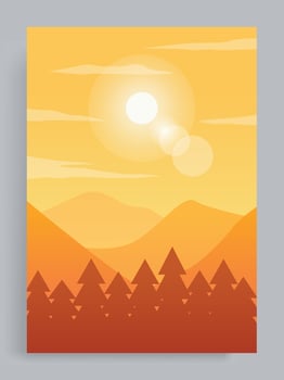 Vertical cover vector illustration. Sunset view in the pine tree forest with mountains in the background. For flyer, magazine, book cover, banner, invitation, poster.