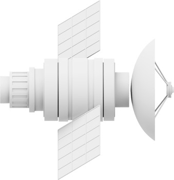 Space satellite with an antenna. Orbital communication station intelligence, research. 3D rendering. White PNG icon on transparent background.