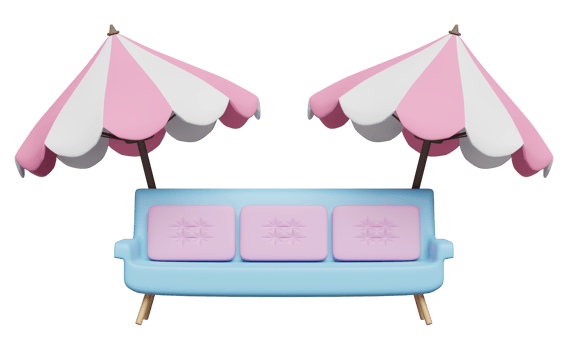 bench or sofa with pink umbrella or parasol isolated. 3d illustration or 3d render png