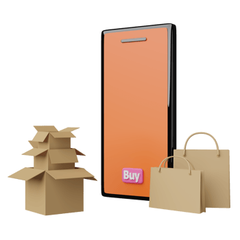 orange mobile phone, smartphone with paper bags,goods cardboard box isolated. online shopping concept, 3d illustration or 3d render png