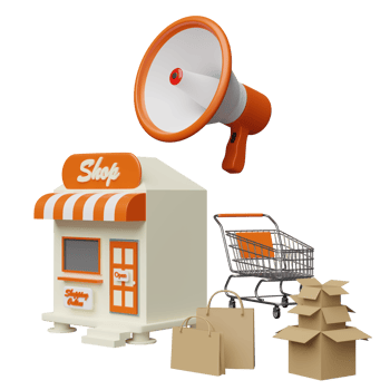 shop or store front with megaphone or hand speaker, stainless steel shopping cart, goods cardboard box isolated. online shopping sale concept, 3d illustration or 3d render png