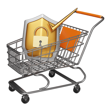 stainless steel shopping cart with golden shield check, lock isolated. Internet security or privacy protection or ransomware protect concept, 3d illustration or 3d render png