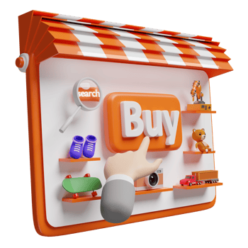 orange tablet, mobile phone, smartphone with store front, businessman pointing finger at buy label tag, magnifying isolated. online shopping, search data concept, 3d illustration or 3d render png