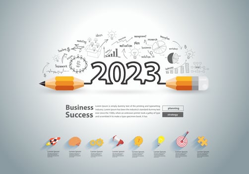 2023 New year with creative pencil design on drawing charts graphs business success strategy plan ideas concept, Vector illustration modern layout template design