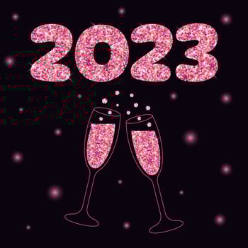 Two sparkling glasses of champagne and lettering 2023 with pink glitter. Dark background with star light. vector