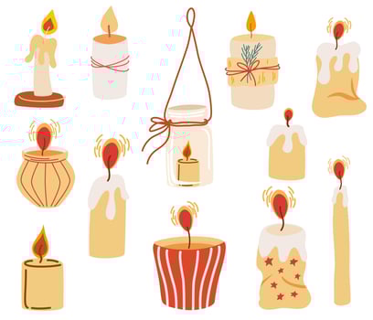 Candles set. Decorative wax candles for relax, interior decor, holiday and Christmas. Wax candles. Hand drawn vector illustration isolated on the white background.
