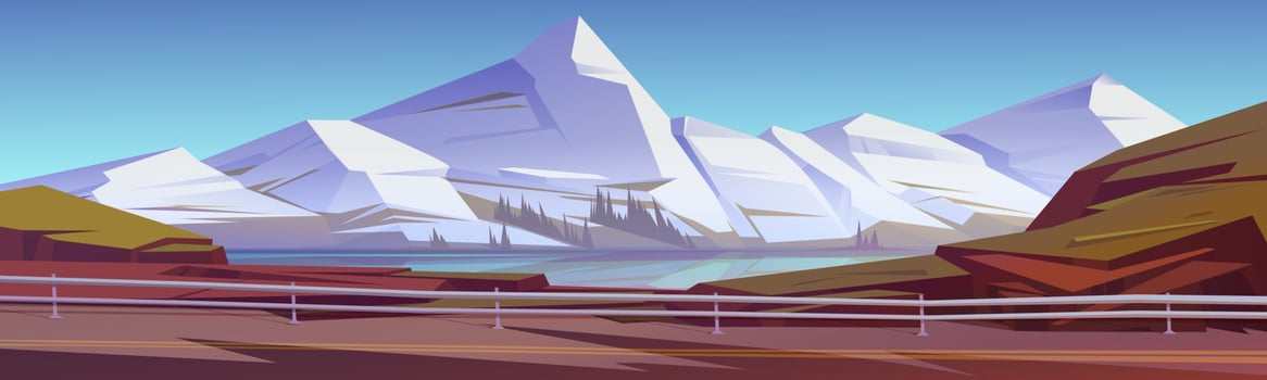 Mountain landscape with lake, trees and car road vector