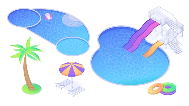 Isometric swimming pool, slides, palm tree set vector