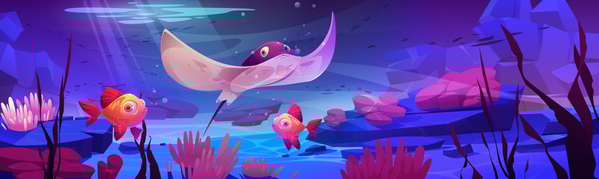 Cute stingray and tropical fishes at coral reef vector