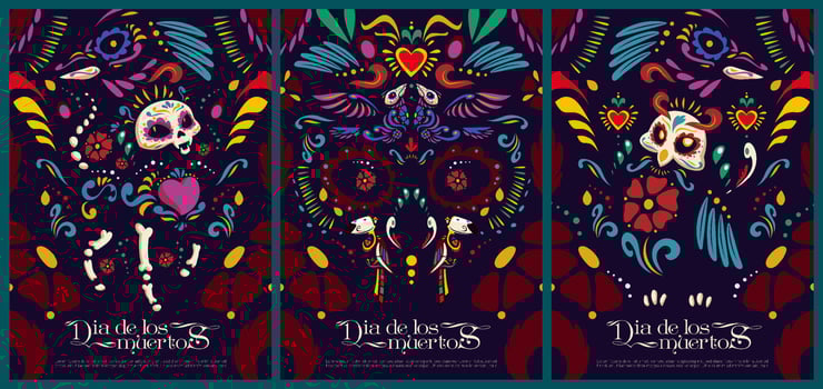 Dia de los muertos cartoon posters Mexican culture vector