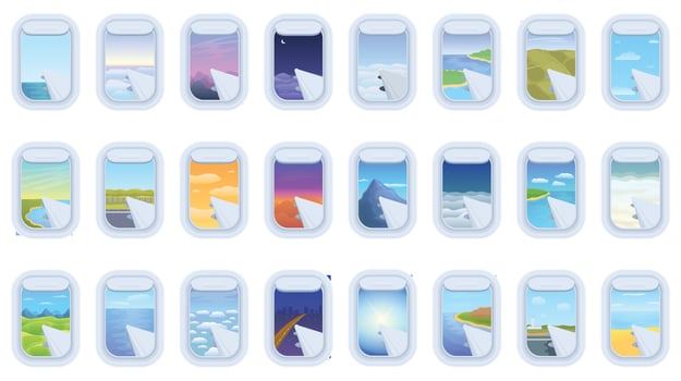Airplane window icons set cartoon vector. Plane flight vector